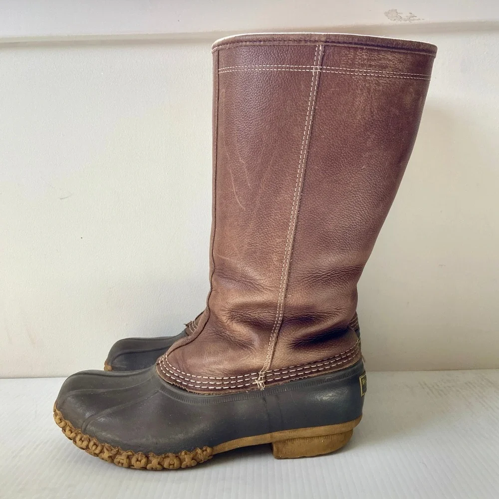 LL Bean Shearling Lined Tall Bean Boots Brown Leather Rubber Side Zip Womens 9